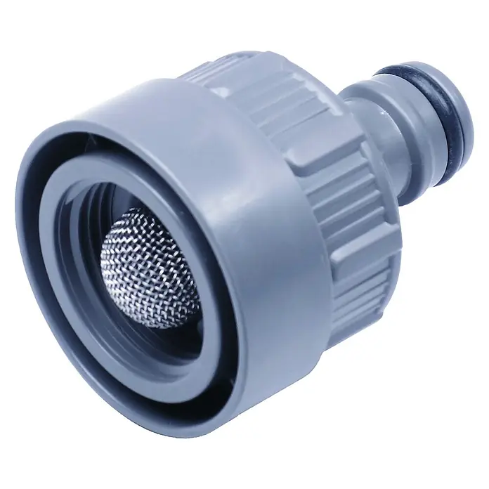 Gardena Hahnstück - Passend für: Gardena Wasserstecker & Wassersteckdose - Nahaufnahme eines grauen Wasserhahnanschlusses mit einem Metallsieb zur Filterung von Verunreinigungen.