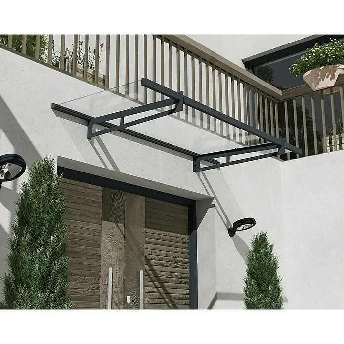 Palram – Canopia Pultvordach Bremen - 205 x 93,5 x 18,7 cm, Anthrazitgrau - Eine moderne Haustürvordachkonstruktion aus Glas und dunklem Metall, die Schutz und stilvolles Design vereint.