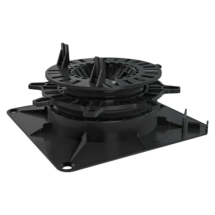 Terrassenfuß TL11 L-Aufnahme - 1 Stk., Höhenverstellung: 3 cm - 6 cm - Eine schwarze, verstellbare Terrassenlager aus Kunststoff für eine ebene und stabile Unterkonstruktion.
