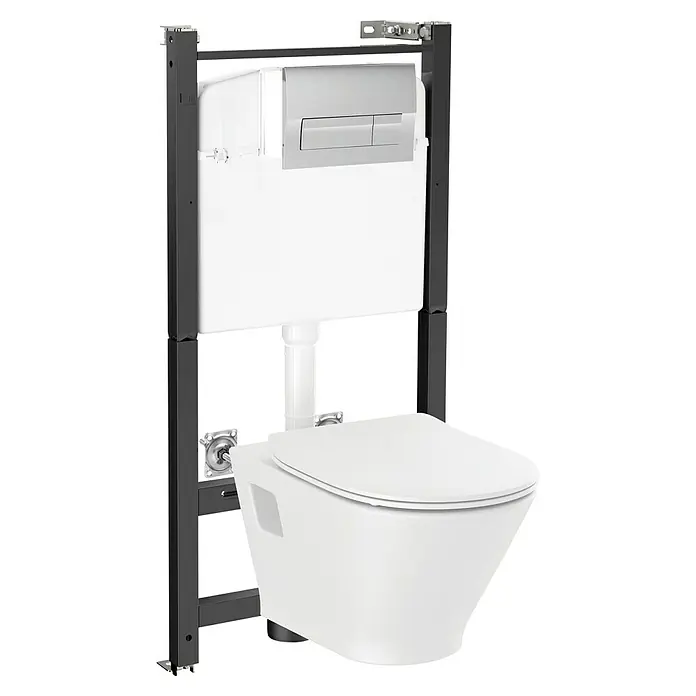 Roca Set WC suspendido Heracles - Sin borde de descarga, Salida WC: Horizontal, Blanco - Aquí tienes una vista de cerca de un inodoro suspendido con cisterna oculta en un baño moderno.