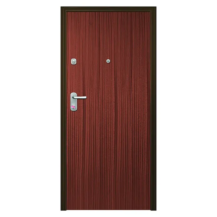 Solid Elements Puerta de entrada interior - 80 x 204 cm, Derecha, Provenzal Sapelly, Acorazada - Una puerta de entrada marrón moderna con manija plateada y mirilla, ideal para un hogar seguro y elegante. Construcción robusta.