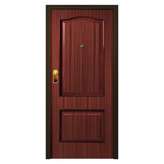 Solid Elements Puerta de entrada interior - 80 x 204 cm, Derecha, Provenzal Sapelly, Acorazada - Imagen de una puerta de madera de caoba, con herrajes y mirilla. La puerta tiene un aspecto clásico y añade detalle a cualquier entrada.