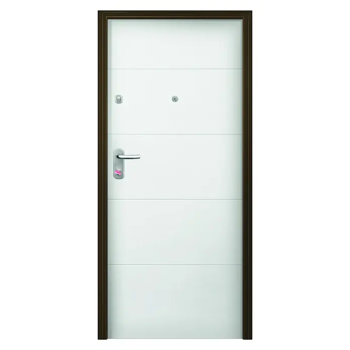 Solid Elements Puerta de entrada interior - 80 x 204 cm, Derecha, Roble/Blanco lacado 400, Acorazada - Elegante puerta de seguridad blanca con líneas horizontales y marco marrón, que ofrece estilo y protección para su hogar.