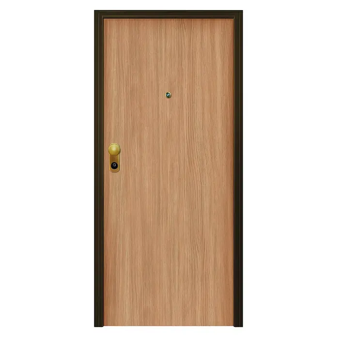 Solid Elements Puerta de entrada interior - 80 x 204 cm, Derecha, Roble/Blanco lacado 400, Acorazada - Una puerta de madera con mirilla y un pomo dorado, enmarcada en un marco oscuro. La puerta garantiza seguridad y privacidad.