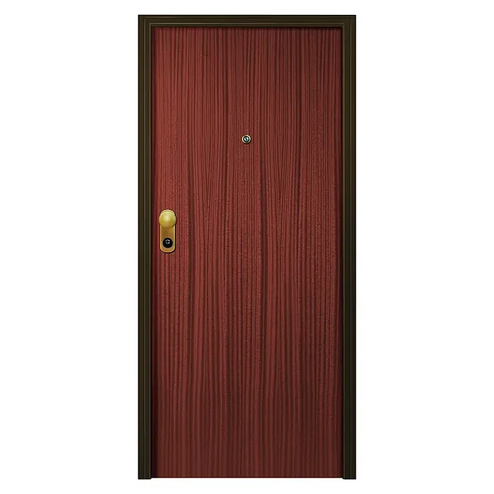 Solid Elements Puerta de entrada interior - 80 x 204 cm, Derecha, Sapelly/Blanco lacado 400, Acorazada - Una puerta de madera marrón rojiza con un pomo dorado y una mirilla en el centro, enmarcada por un marco oscuro.