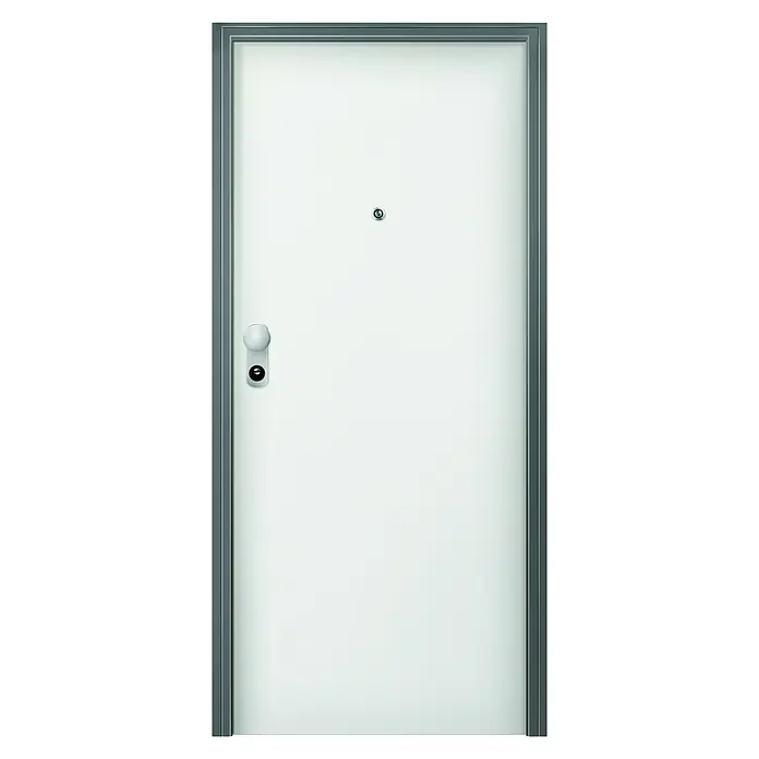 Solid Elements Puerta de entrada interior - 80 x 204 cm, Derecha, Blanco lacado 100, Acorazada - Primer plano de una puerta de seguridad blanca con marco plateado, mirilla y manija. Perfecta para proteger tu hogar.