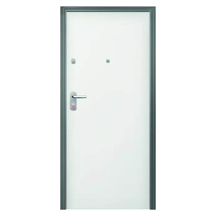 Solid Elements Puerta de entrada interior - 80 x 204 cm, Derecha, Blanco lacado 100, Acorazada - Elegante puerta de seguridad blanca con manija plateada, mirilla y accesorios de protección, que combina seguridad y diseño moderno.