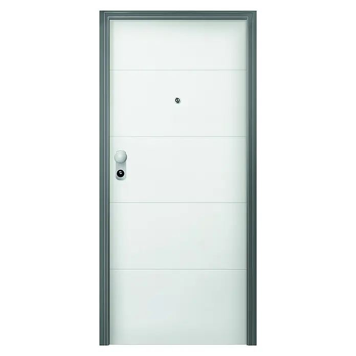 Solid Elements Puerta de entrada interior - 80 x 204 cm, Derecha, Blanco lacado 400, Acorazada - Una puerta de entrada blanca y moderna con líneas horizontales y un marco plateado, ideal para un hogar elegante.
