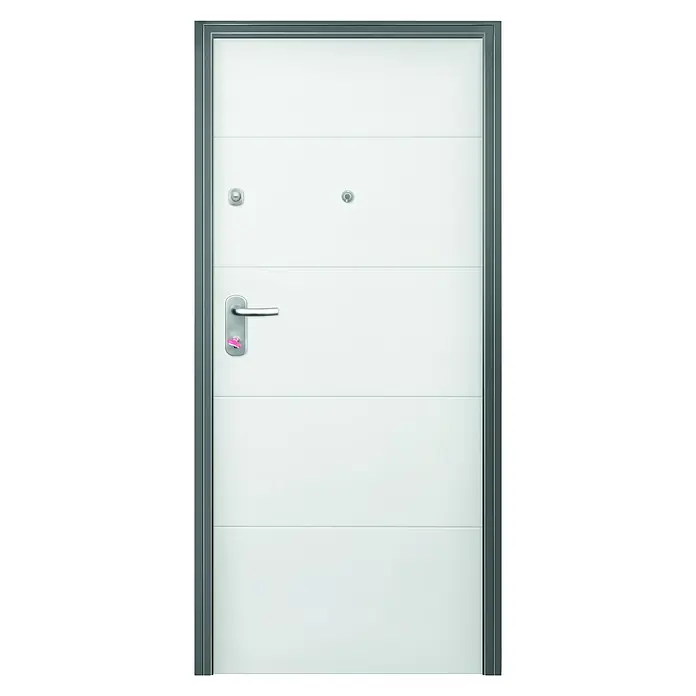 Solid Elements Puerta de entrada interior - 80 x 204 cm, Derecha, Blanco lacado 400, Acorazada - Puerta principal blanca y moderna con líneas horizontales, manija plateada y marco gris para un hogar elegante y seguro.