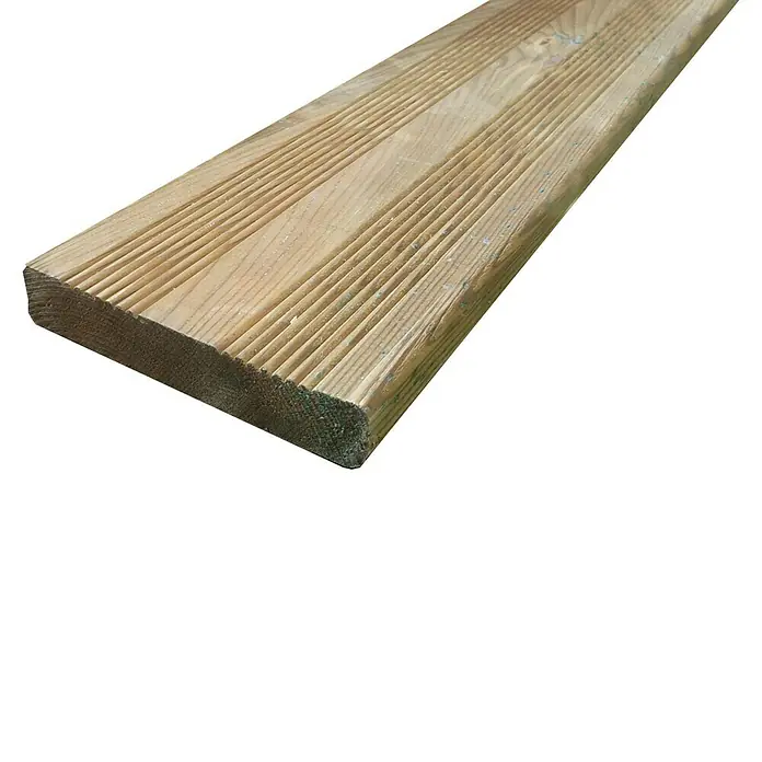 Cerland Tarima para terraza Julio - L x An x Es: 240 x 12 x 2,1 cm, Pino - Tabla de tarima de madera acanalada con extremos redondeados, mostrando veta natural de la madera y ligero tinte verde de tratamiento.