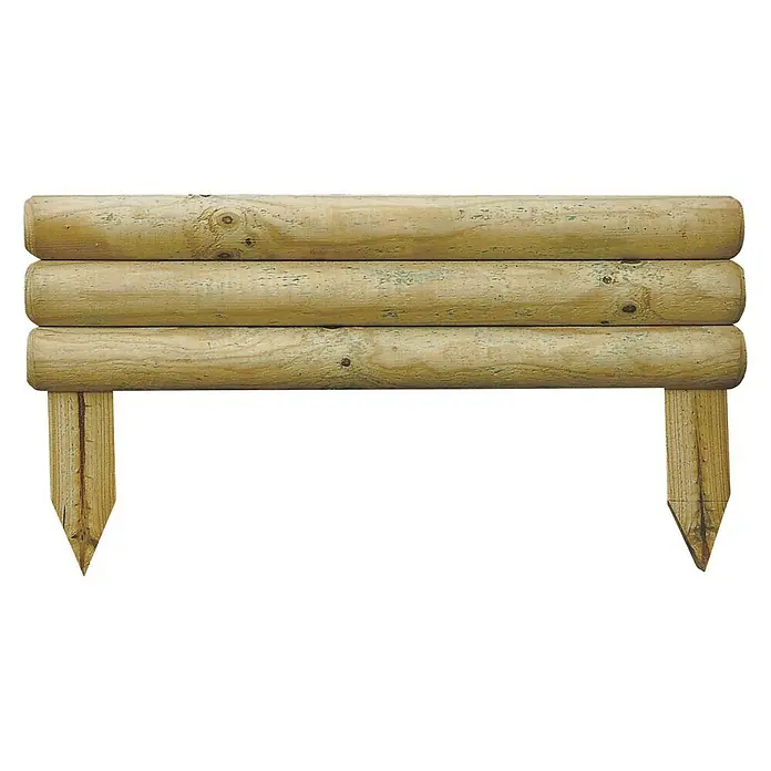 Cerland Bordura Bocage - L x An x Al: 55 x 2,5 x 30 cm, Madera, Marrón - Primer plano de un borde de valla de madera con tres troncos horizontales y dos postes puntiagudos para una fácil instalación.