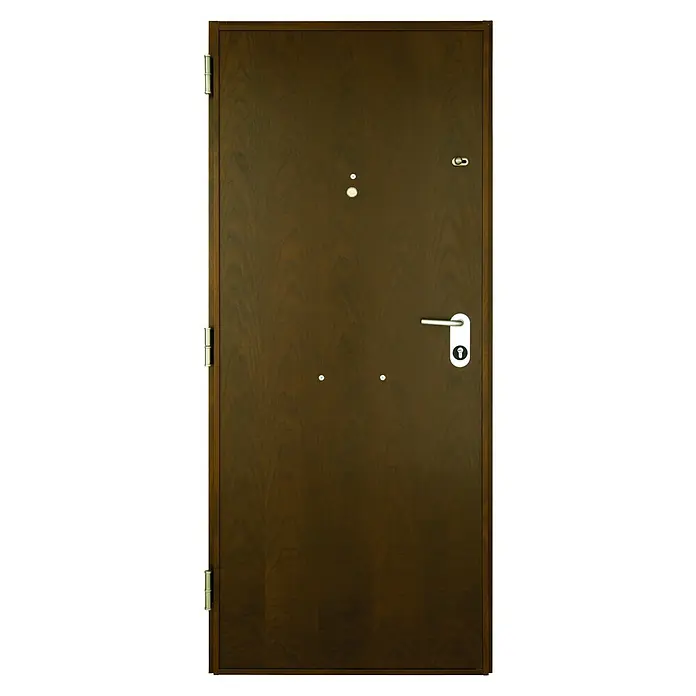 SegureStil Puerta de entrada exterior V500CC Serie V - 90 x 207 cm, Izquierda, Nogal, Acorazada - Puerta marrón con herrajes. La puerta tiene una mirilla, una manija y una cerradura. La madera de la puerta tiene una veta bonita.
