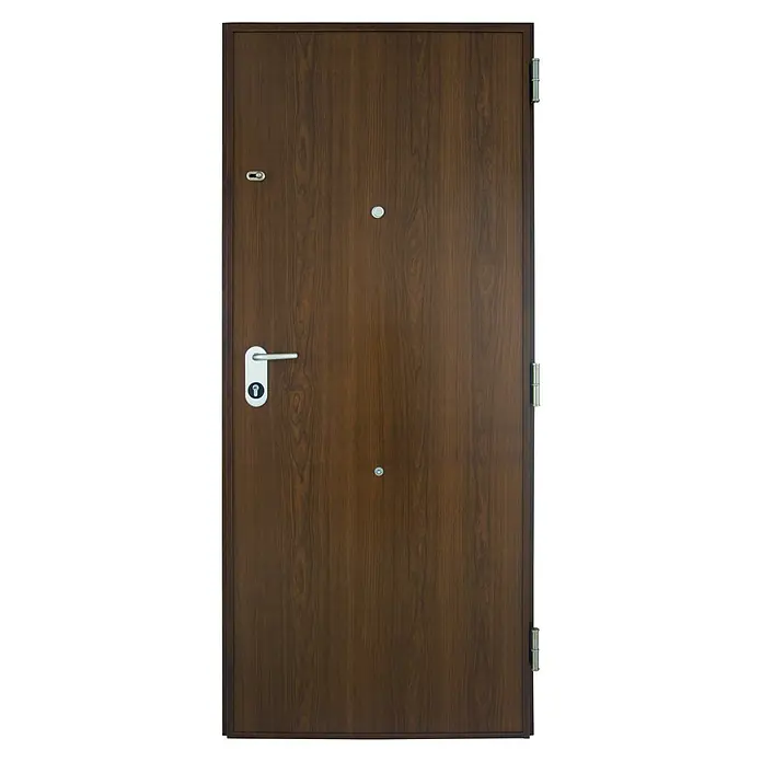 SegureStil Puerta de entrada exterior VH500 Serie V - 90 x 207 cm, Derecha, Nogal, Acorazada - Imagen de una moderna puerta de seguridad marrón con manija, mirilla y herrajes de color plateado para uso residencial exclusivo.