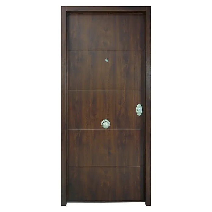 SegureStil Puerta de entrada exterior VH500 Serie V - 90 x 207 cm, Izquierda, Nogal, Acorazada - Puerta de seguridad marrón con ranuras horizontales, pomo plateado y mirilla para mayor seguridad y un diseño moderno.