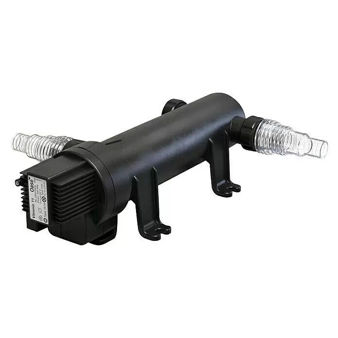 Oase Vitronic Vorklärgerät - Leistung: 14 W - Schwarzer Oase Vitronic 11 UVC-Klärer mit transparenten, gerippten Schlauchanschlüssen.