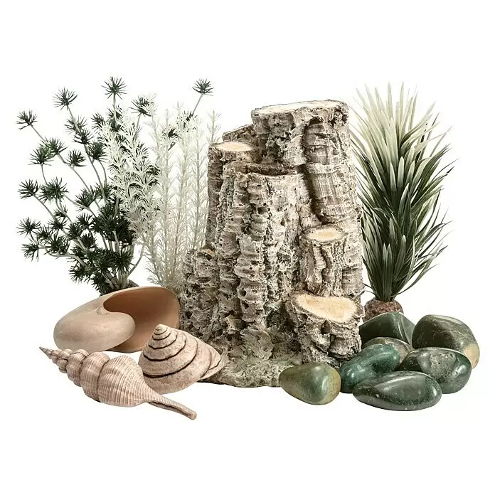 biOrb Deko-Set für Aquarien Forest Rythym - Passend für: biOrb Aquarien - Aquariendekorationen: graue Felsstruktur, künstliche Grün-Weiß-Pflanzen, beigefarbene Muscheln und grüne Kieselsteine.