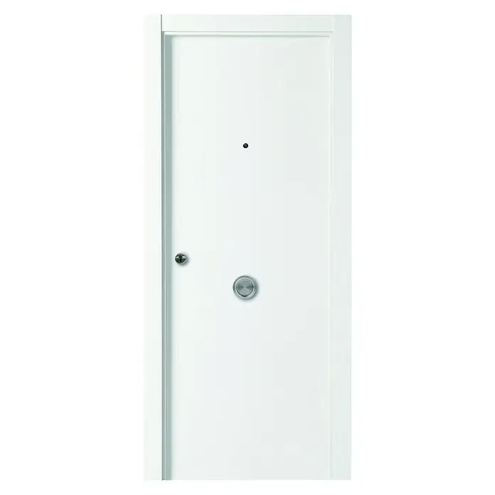 Solid Elements Puerta de entrada interior - 82,5 x 203 cm, Derecha, Blanco, Blindada - Una puerta de entrada blanca moderna con herrajes plateados y una mirilla. El marco de la puerta es en blanco sencillo.