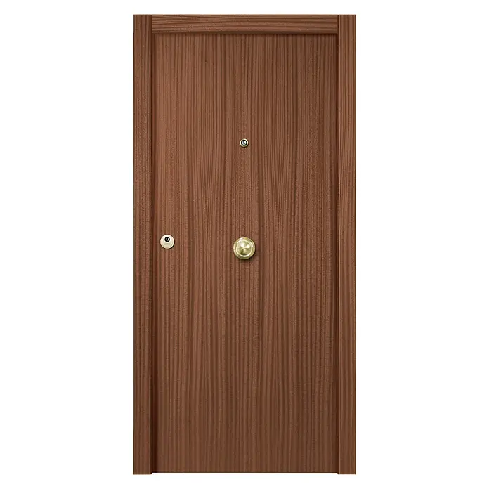Solid Elements Puerta de entrada interior mixta - 82,5 x 203 cm, Derecha, Sapelly/Blanco, Semiblindada - Primer plano de una puerta de madera marrón con herrajes, que transmite una sensación de seguridad y calidez.