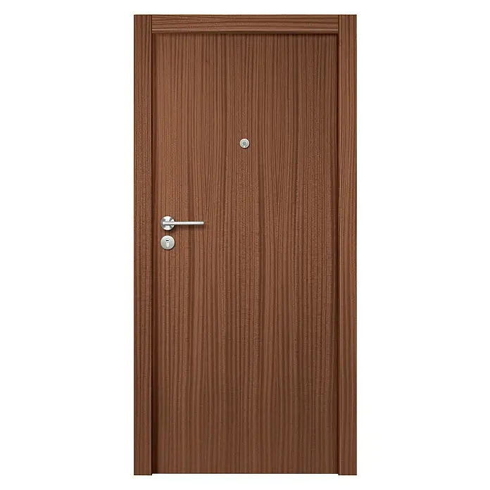 Solid Elements Puerta de entrada interior - 82,5 x 203 cm, Derecha, Sapelly, Semiblindada - Puerta de madera marrón con manija y mirilla. La imagen muestra una puerta de entrada moderna y acogedora con un diseño elegante.