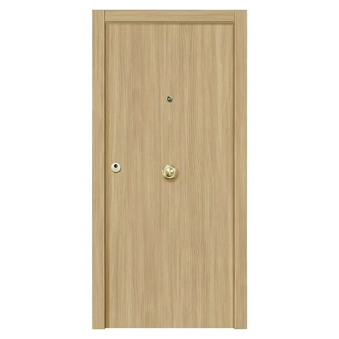 Solid Elements Puerta de entrada interior - 82,5 x 203 cm, Derecha, Roble claro, Semiblindada - Primer plano de una puerta de madera clara con un pomo dorado, mirilla y cerradura de seguridad, que combina seguridad y estilo.