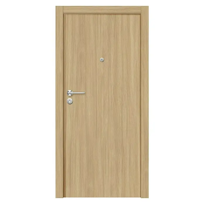 Solid Elements Puerta de entrada interior - 82,5 x 203 cm, Derecha, Roble claro, Semiblindada - Primer plano de una puerta marrón claro con manija plateada y mirilla.