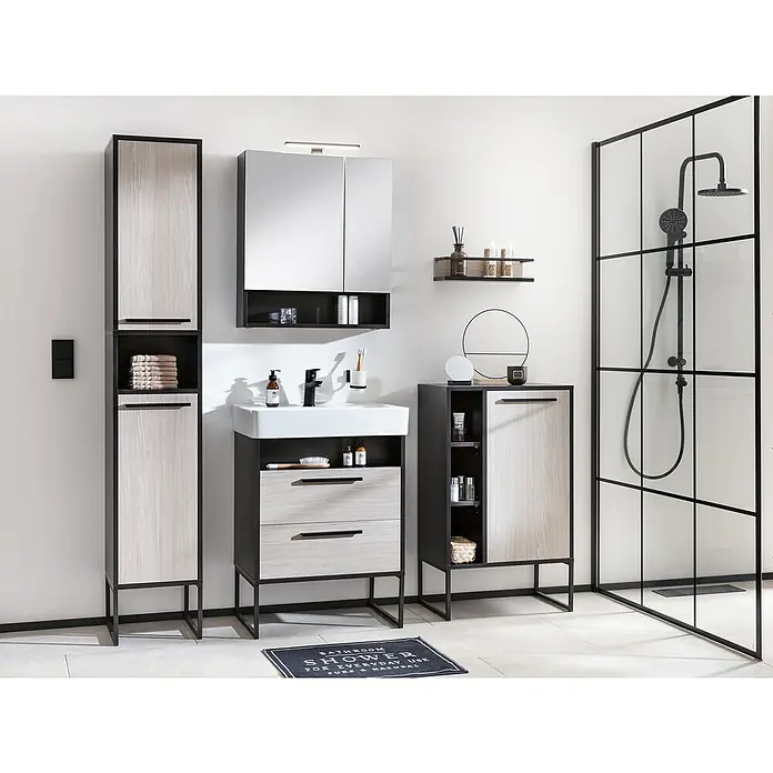 BAUHAUS Jannik LED-SpiegelschrankB x H: 60 x 70 cm, Mit Beleuchtung, Holz, Anthrazit - Badezimmer-Set mit Waschbeckenunterschrank, Spiegelschrank, Hochschrank und Seitenschrank in Schwarz und Holzoptik. Modernes Design für Ihr Bad.