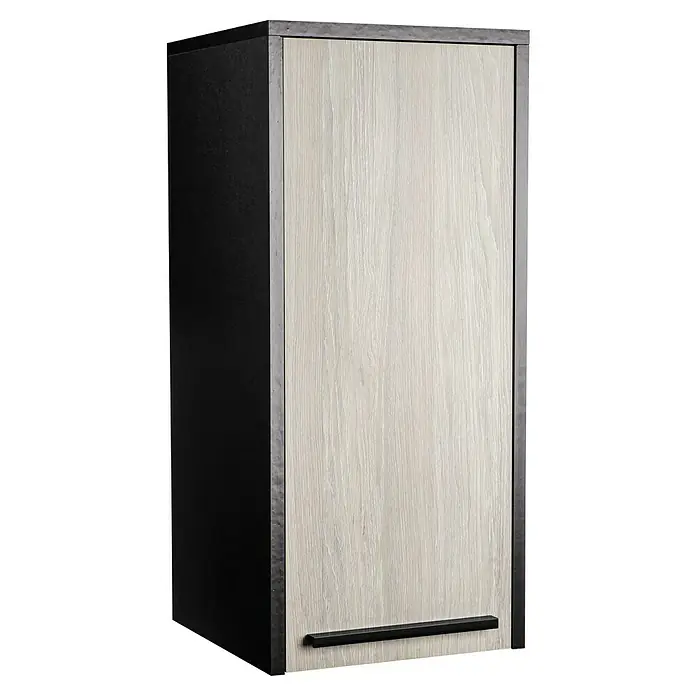 BAUHAUS Jannik Badmöbel-Set - Gesamtbreite Badmöbel: 61 cm, Steinesche/Anthrazit, Matt, Mit Hängeschrank, 5 -tlg. - Das Produkt ist ein Schrank mit einer hellen Holzmaserung auf der Tür und einem dunklen Rahmen, der einen modernen Look erzeugt.