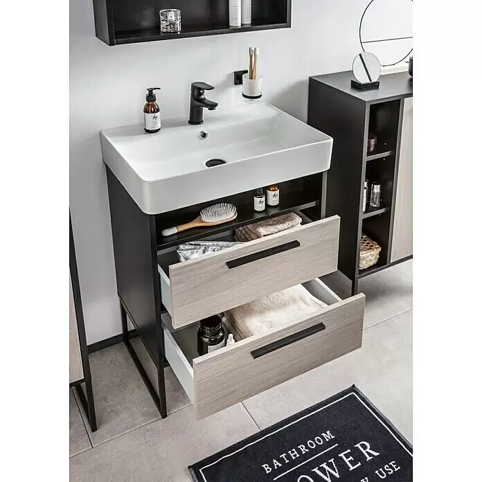 BAUHAUS Jannik Badmöbel-Set - Gesamtbreite Badmöbel: 61 cm, Steinesche/Anthrazit, Matt, Mit Badregal, 5 -tlg. - Stimmungsaufnahme