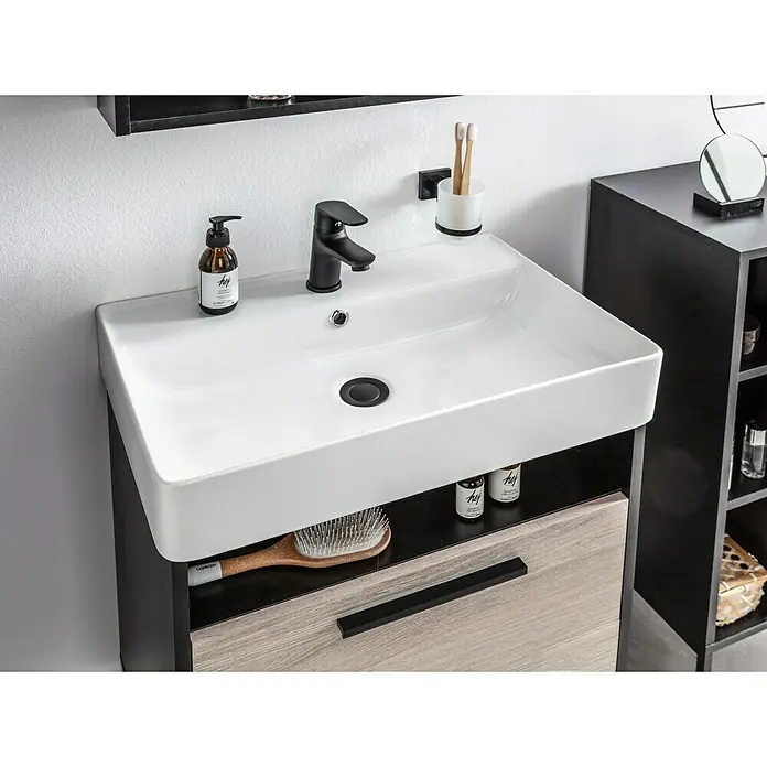 BAUHAUS Jannik Badmöbel-Set - Gesamtbreite Badmöbel: 61 cm, Steinesche/Anthrazit, Matt, Mit Badregal, 5 -tlg. - Badezimmerwaschtisch mit moderner Armatur, Seifenspender und Zahnbürstenhalter, der stilvolles Design und Funktionalität vereint.
