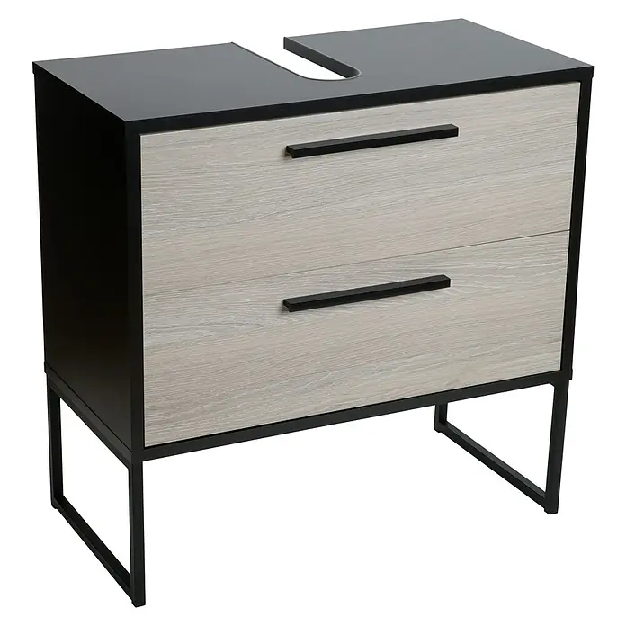 BAUHAUS Jannik Badmöbel-Set - Gesamtbreite Badmöbel: 65 cm, Steinesche/Anthrazit, Matt, Mit Midischrank, 5 -tlg. - Moderner Waschtischunterschrank mit zwei Schubladen in Holzoptik und schwarzen Griffen, ideal für Badezimmer.