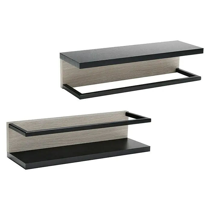 BAUHAUS Jannik Badregal40 x 13 x 10,5 cm, Steinesche/ Anthrazit - Zwei stilvolle Wandregale in Holzoptik mit schwarzen Ablageflächen und Handtuchhalter, ideal für Badezimmer oder Küche.