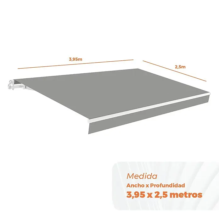 SmartSun Toldo de brazos extensibles Original Kit Polie - Gris claro, Ancho: 4 m, Caída: 2,5 m - Imagen de un toldo gris de 3,95 x 2,5 metros, perfecto para dar sombra y estilo a cualquier espacio exterior.