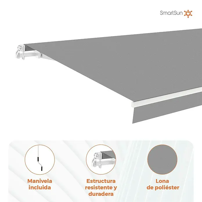 SmartSun Toldo de brazos extensibles Original Kit Polie - Gris claro, Ancho: 4 m, Caída: 2,5 m - Toldo SmartSun en gris con estructura resistente y lona de poliéster para una protección solar duradera.\n