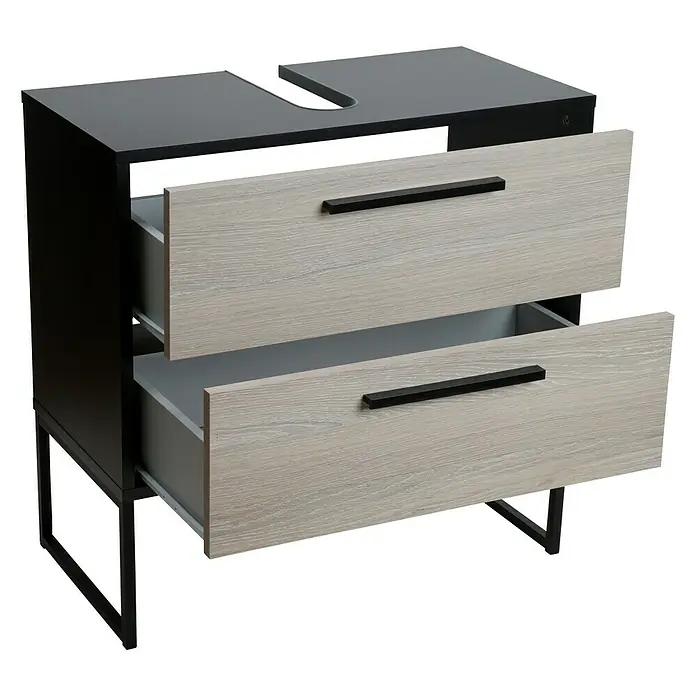 BAUHAUS Jannik Badmöbel-Set - Gesamtbreite Badmöbel: 65 cm, Steinesche/Anthrazit, Matt, Mit Midischrank, 5 -tlg. - Unterschrank mit zwei Schubladen in Holzoptik und schwarzen Griffen. Die schlanken, schwarzen Beine verleihen dem Möbelstück eine moderne Note.