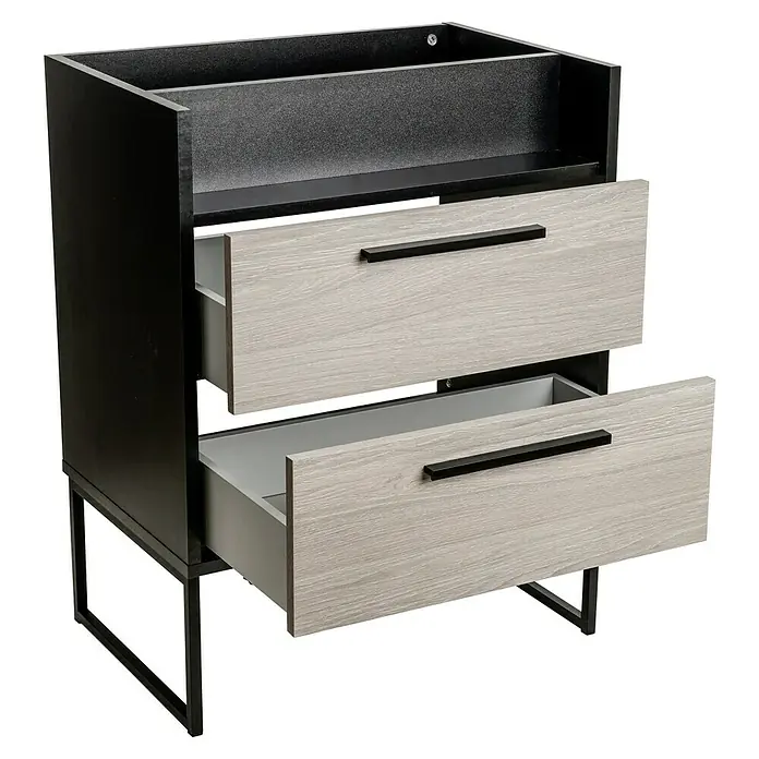 BAUHAUS Jannik Badmöbel-Set - Gesamtbreite Badmöbel: 61 cm, Steinesche/Anthrazit, Matt, Mit Badregal, 5 -tlg. - Moderner Waschtischunterschrank mit zwei Schubladen in Holzoptik und schwarzem Metallgestell.