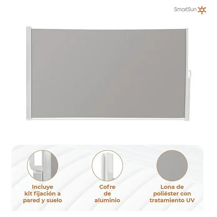 SmartSun Toldo lateral móvil Elegance - Gris piedra, L x Al: 3 x 1,8 m - Toldo lateral SmartSun con kit de fijación, cofre de aluminio y lona de poliéster con tratamiento UV para exteriores.