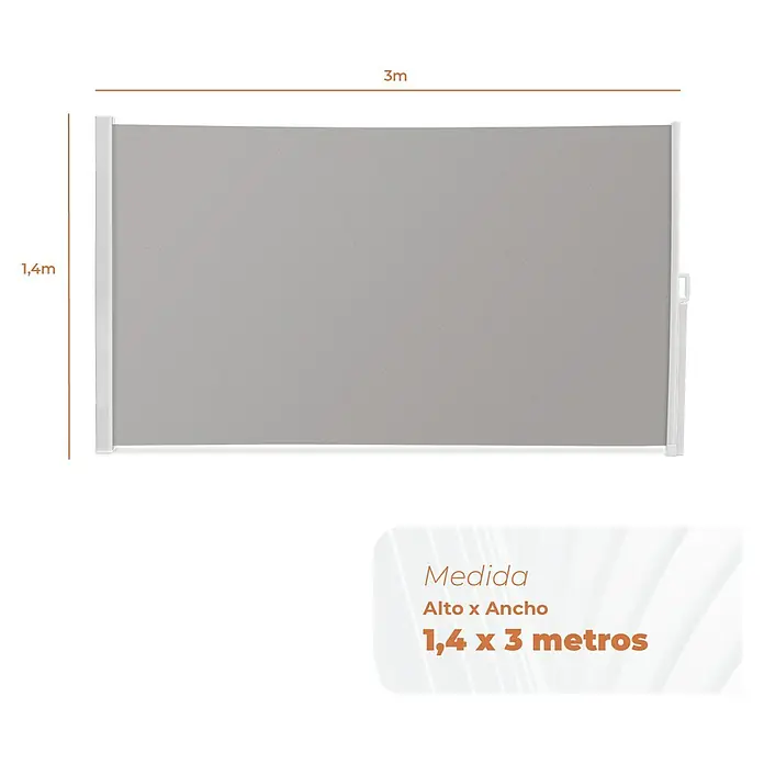 SmartSun Toldo lateral móvil Elegance - Gris piedra, L x Al: 3 x 1,4 m - Imagen de una valla de pantalla de privacidad gris con dimensiones de 1,4 x 3 metros. Perfecto para jardines y terrazas, asegurando la privacidad.