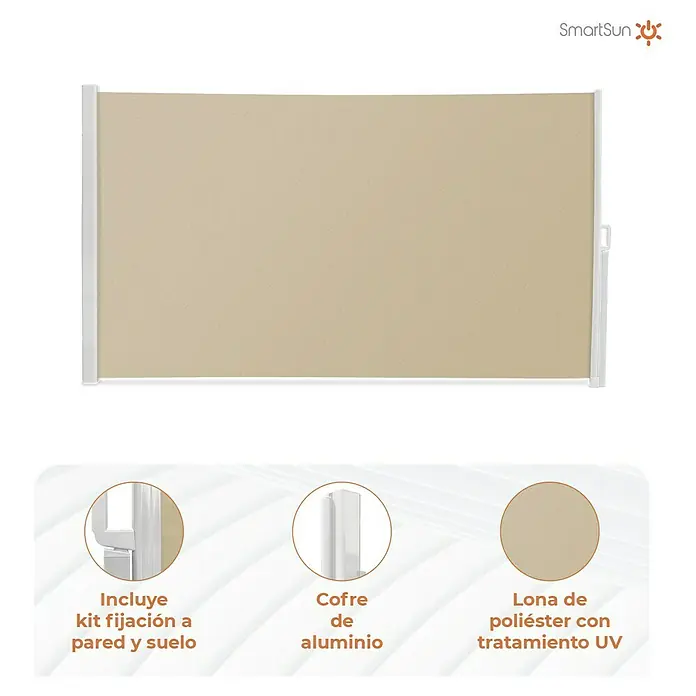 SmartSun Toldo lateral móvil Elegance - Beige arena, L x Al: 3 x 1,8 m - La imagen muestra un toldo lateral retráctil con kit de fijación, cofre de aluminio y lona de poliéster con tratamiento UV, ideal para exteriores.
