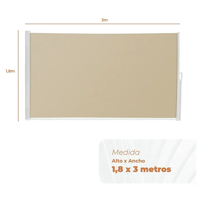 SmartSun Toldo lateral móvil Elegance - Beige arena, L x Al: 3 x 1,8 m - Imagen de una pantalla de privacidad con dimensiones de 1,8 x 3 metros, ideal para uso en exteriores para garantizar la privacidad.
