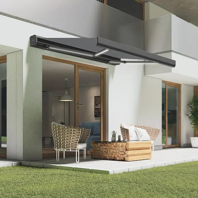 SmartSun Toldo con motor Algarve - Gris piedra, Ancho: 4 m, Caída: 3 m - Toldo moderno para patio con iluminación integrada, que proporciona sombra y crea un ambiente exterior acogedor.