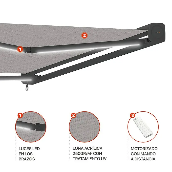 SmartSun Toldo con motor Algarve - Gris piedra, Ancho: 4 m, Caída: 3 m - Imagen de un toldo con iluminación LED, lona acrílica y mando a distancia para el funcionamiento motorizado.