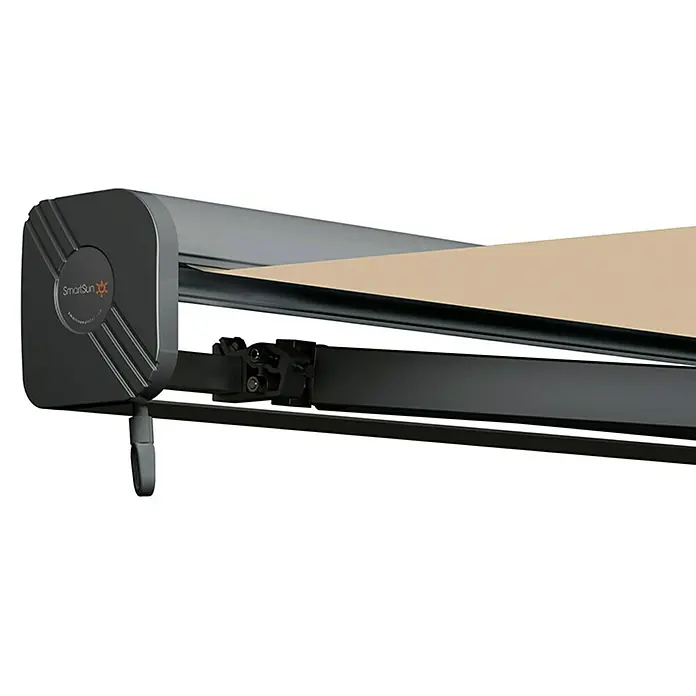SmartSun Toldo con motor Fiji - Beige arena, Ancho: 4 m, Caída: 3 m - Primer plano de un toldo SmartSun beige y gris, ideal para protección solar y sombra en espacios exteriores.