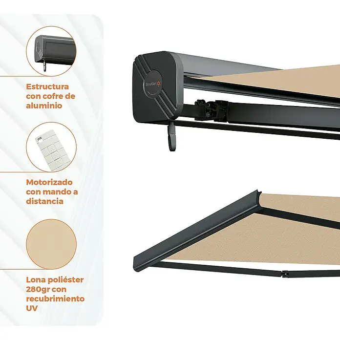 SmartSun Toldo con motor Fiji - Beige arena, Ancho: 4 m, Caída: 3 m - Primer plano de un toldo cofre SmartSun con estructura de aluminio, mando a distancia motorizado y tejido de poliéster resistente a los rayos UV.