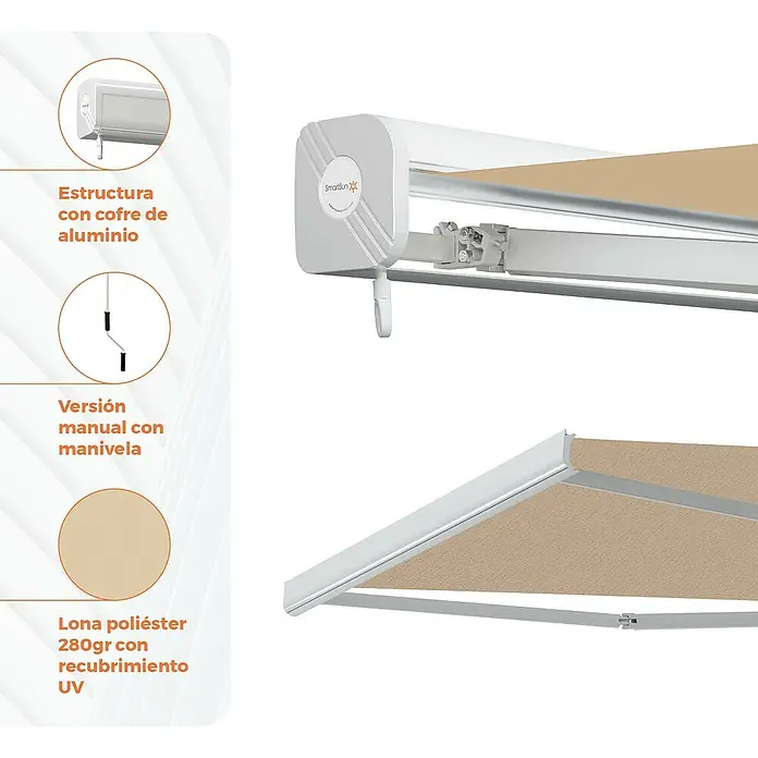 SmartSun Toldo de brazos extensibles Fiji - Beige arena, Ancho: 4 m, Caída: 3 m - Vista de un toldo SmartSun con estructura de aluminio, manivela manual y lona de poliéster 280gr con recubrimiento UV.