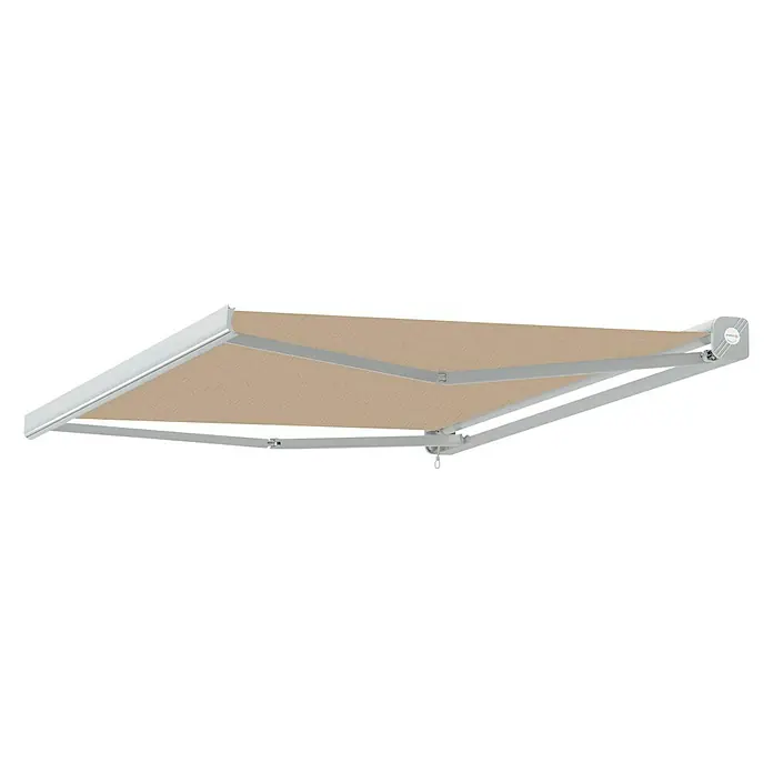 SmartSun Toldo de brazos extensibles Fiji - Beige arena, Ancho: 4 m, Caída: 3 m - Detalle de un toldo beige con estructura plateada, ideal para proporcionar sombra y protección contra la intemperie en terrazas o balcones.