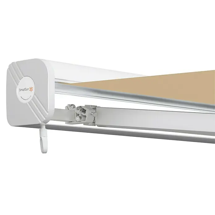 SmartSun Toldo de brazos extensibles Fiji - Beige arena, Ancho: 4 m, Caída: 3 m - Un primer plano de un toldo SmartSun en beige y blanco con detalles en gris claro, mostrando el diseño elegante y funcional del toldo.
