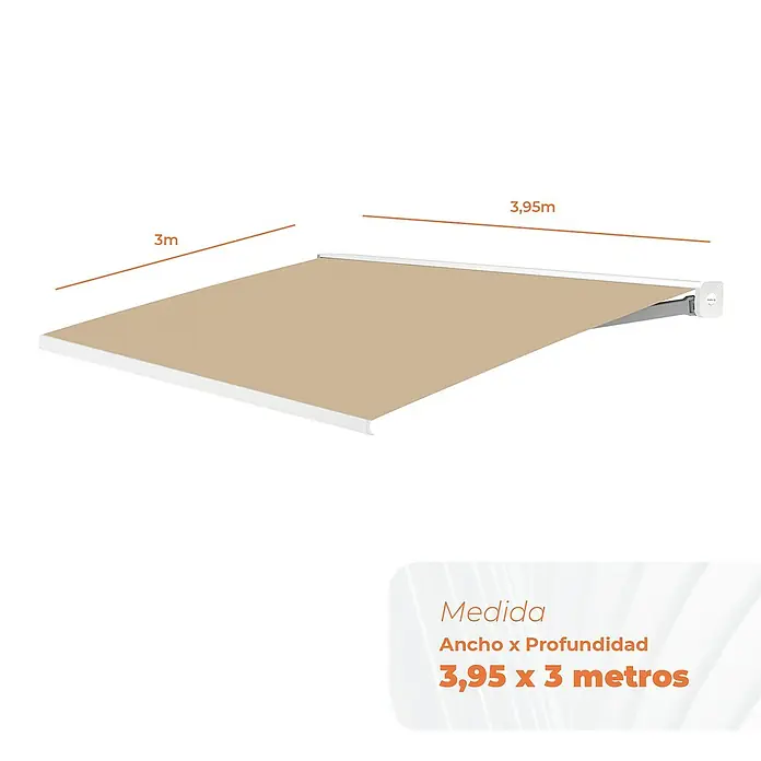 SmartSun Toldo de brazos extensibles Fiji - Beige arena, Ancho: 4 m, Caída: 3 m - Vista de un toldo beige que mide 3,95 x 3 metros. Ideal para la protección solar en terrazas y balcones.