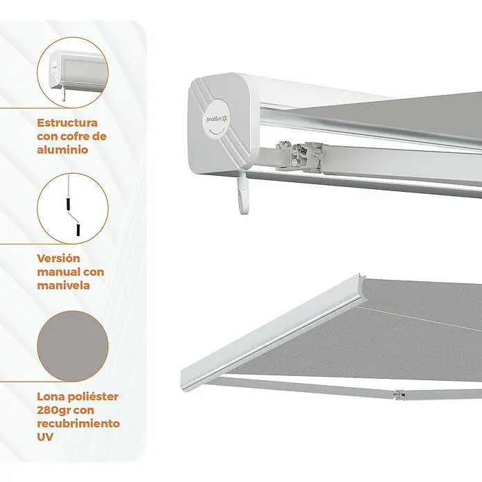 SmartSun Toldo de brazos extensibles Fiji - Gris piedra, Ancho: 4 m, Caída: 3 m - Detalle de un toldo SmartSun con cofre de aluminio, operación manual y lona de poliéster de 280 g con protección UV.
