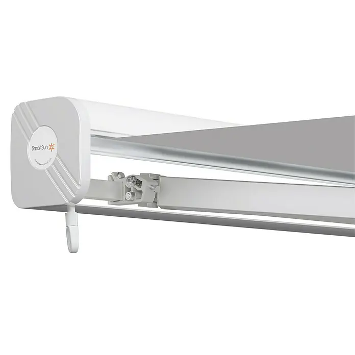 SmartSun Toldo de brazos extensibles Fiji - Gris piedra, Ancho: 4 m, Caída: 3 m - Primer plano de un toldo SmartSun en blanco, mostrando su mecánica y logotipo.