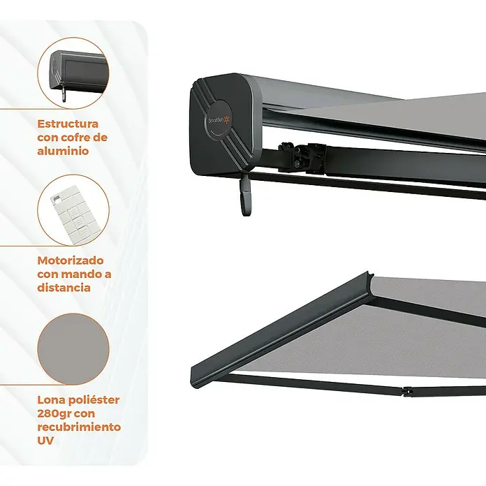 SmartSun Toldo con motor Fiji - Gris piedra, Ancho: 3 m, Caída: 2 m - Imagen de un toldo SmartSun con cofre de aluminio, control motorizado y lona de poliéster con recubrimiento UV.